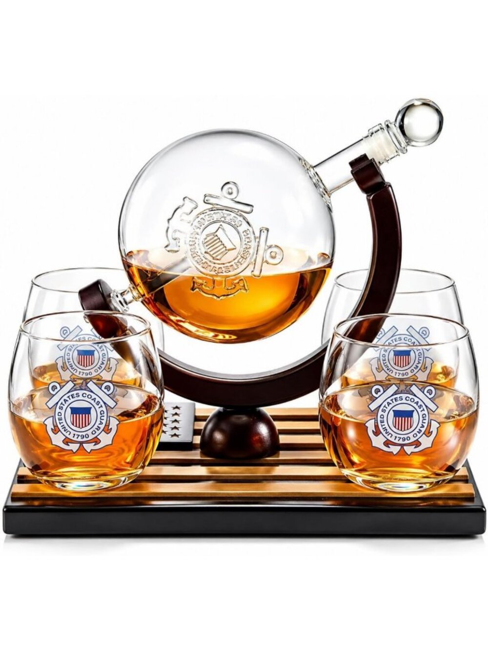 Patriotic Whiskey Decanter Set with 4 Glasses & Wood Flag Base - Perfect Gift